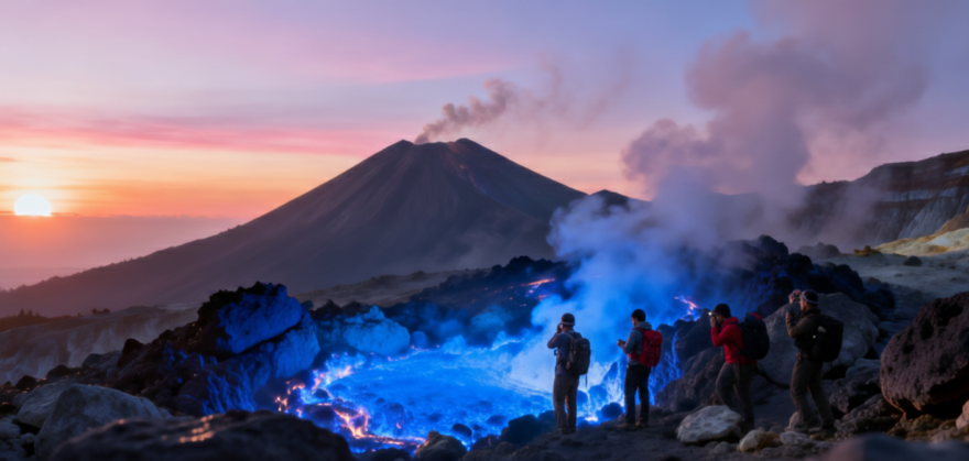 Indahnya Pemandangan Gunung Ijen Blue Fire Disaat Matahari Terbit